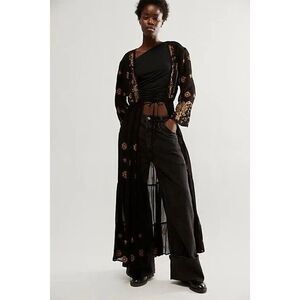 Free People Black Floral Embroidered Long Sheer Robe